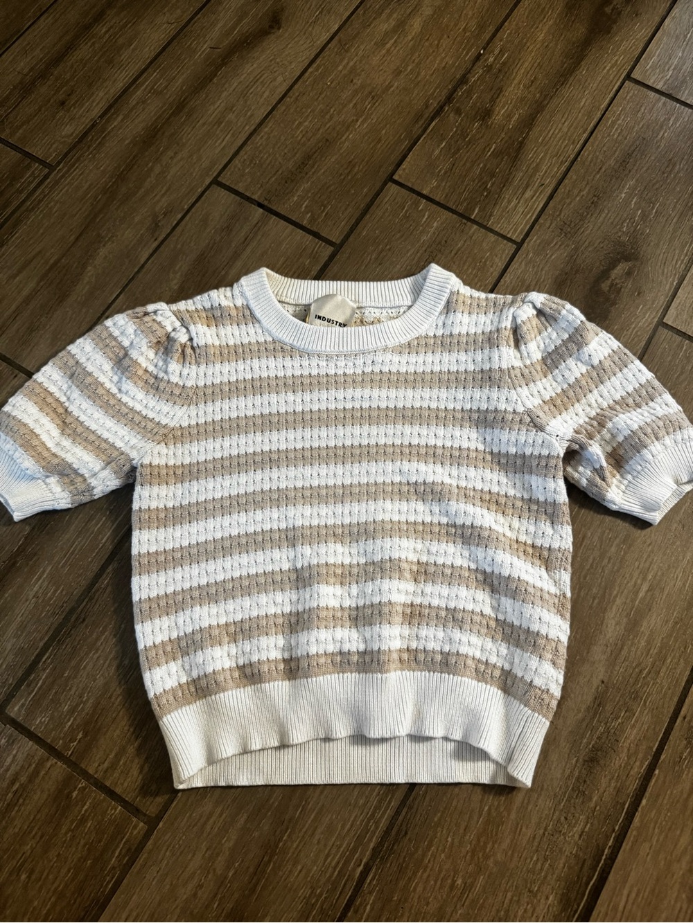 Striped Short-Sleeve Knit Top in White and Tan
